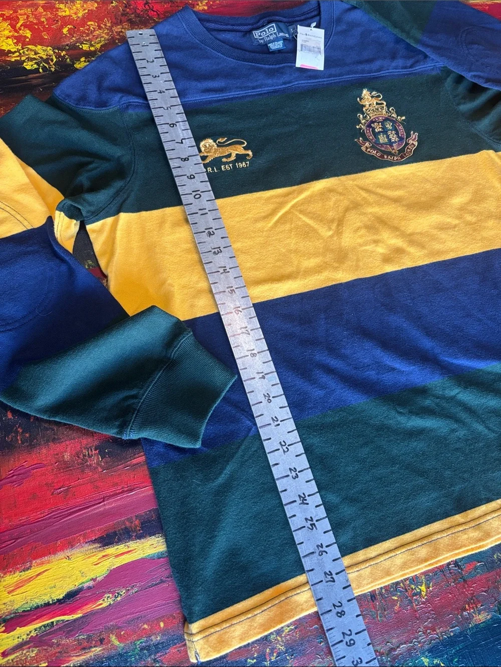 Ralph Lauren Polo Rugby Long-Sleeve Stripe Crewneck - Navy, Green, Yellow - Picture 5 of 12